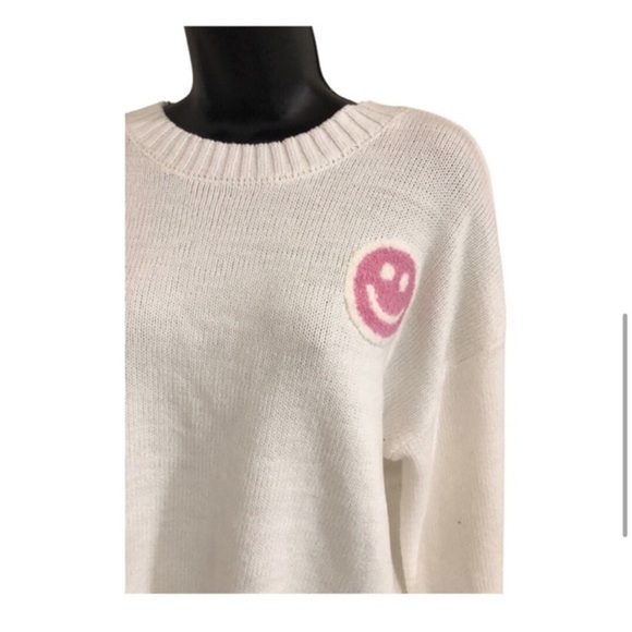 Jessica Simpson off white pink smiley face emoji‎ embroidered seeater size M - Picture 3 of 8